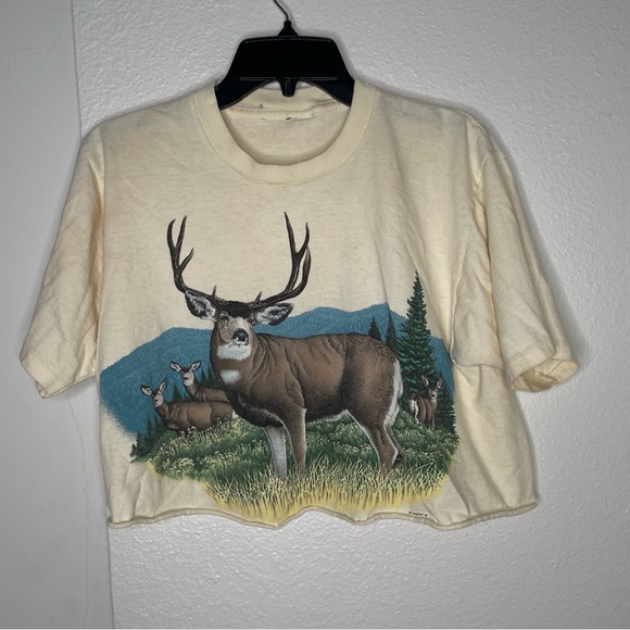 1991 SINGLE STITCH HUNTING DEER OUTDOORS CREAM COLOR CROPPED T SHIRT SZ S/M - Picture 1 of 7